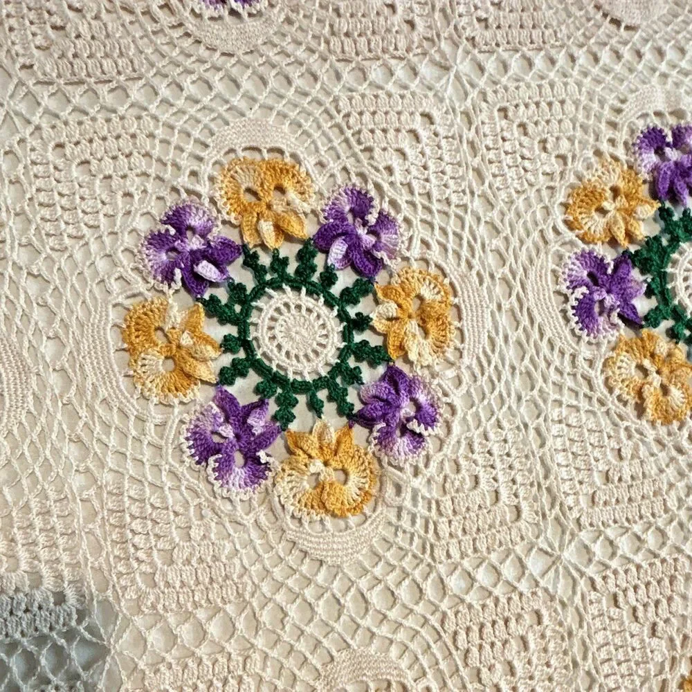 Vint Handmade Crochet Granny Square Bedspread Blanket Floral Purple Gold 82x62